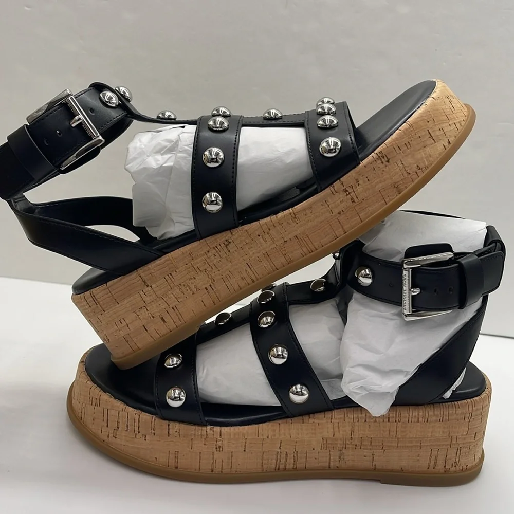 MICHAEL KORS Selah Studded Platform Gladiator Silver Studded Sandal Black New